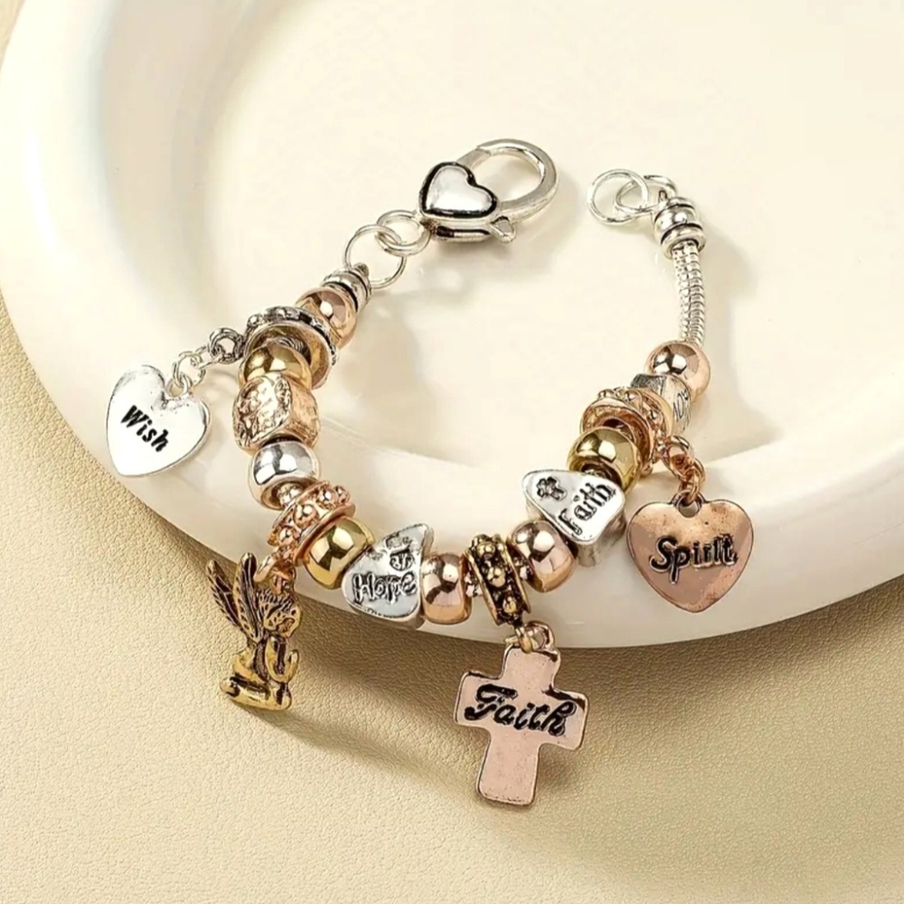 Chic Minimalist Beaded Bracelet with Cross, Heart  Angel Charms - Perfect Gift